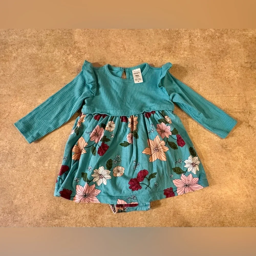 Baby Girl Long Sleeve Floral Teal Baby Dress, Size 9M